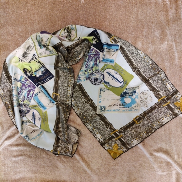 Vintage Talbot's Travel Postcards Luggage Themed Print Silk Scarf, 17" X 66" - Picture 1 of 8